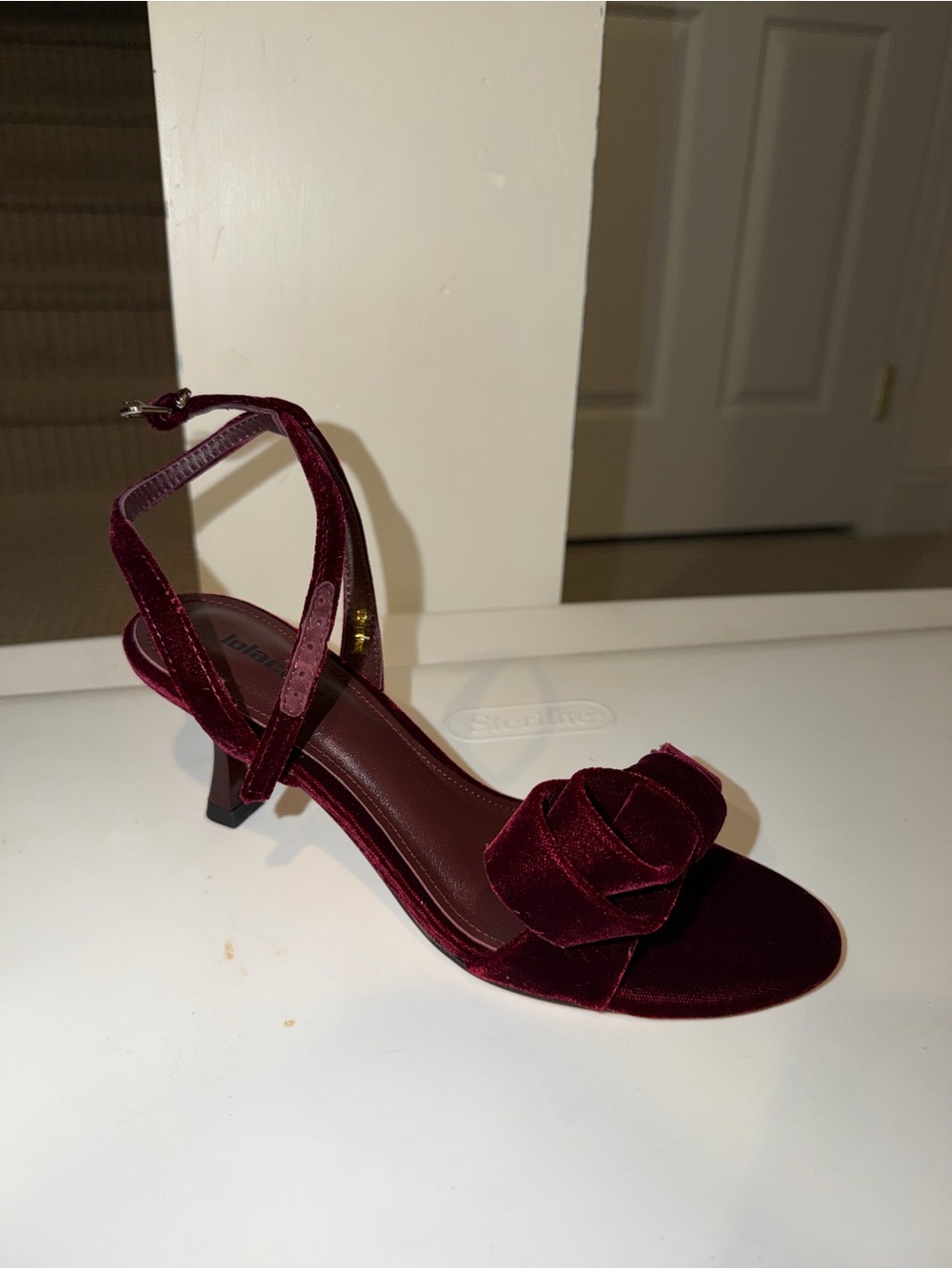 Velvet Rose Knot Ankle-Strap Heel in Burgundy